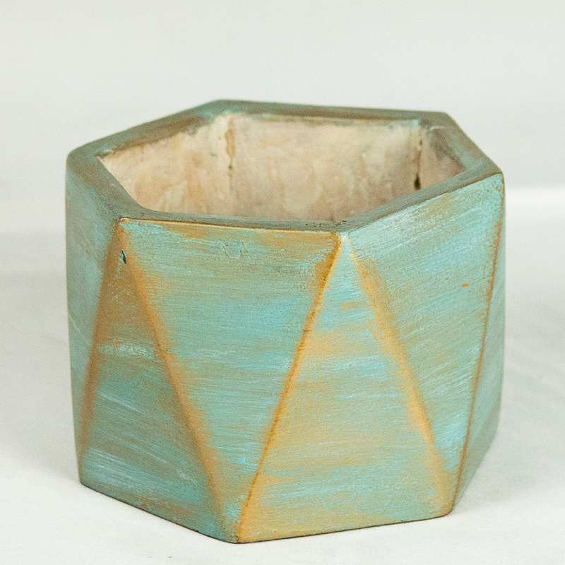 Hexagonal ceramic planter with geometric design on a white background