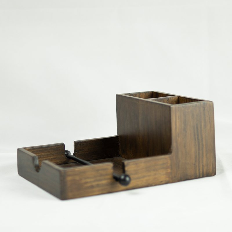 Wooden dinning organizer with multiple compartments on a white background