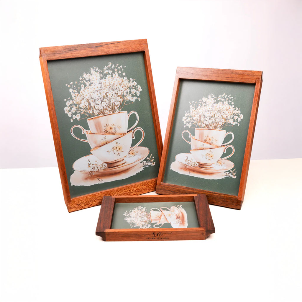 Wooden Tray Set with  illustrations of teacups and flowers