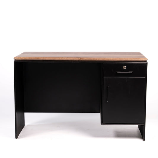 Black office desk with a wooden top on a white background