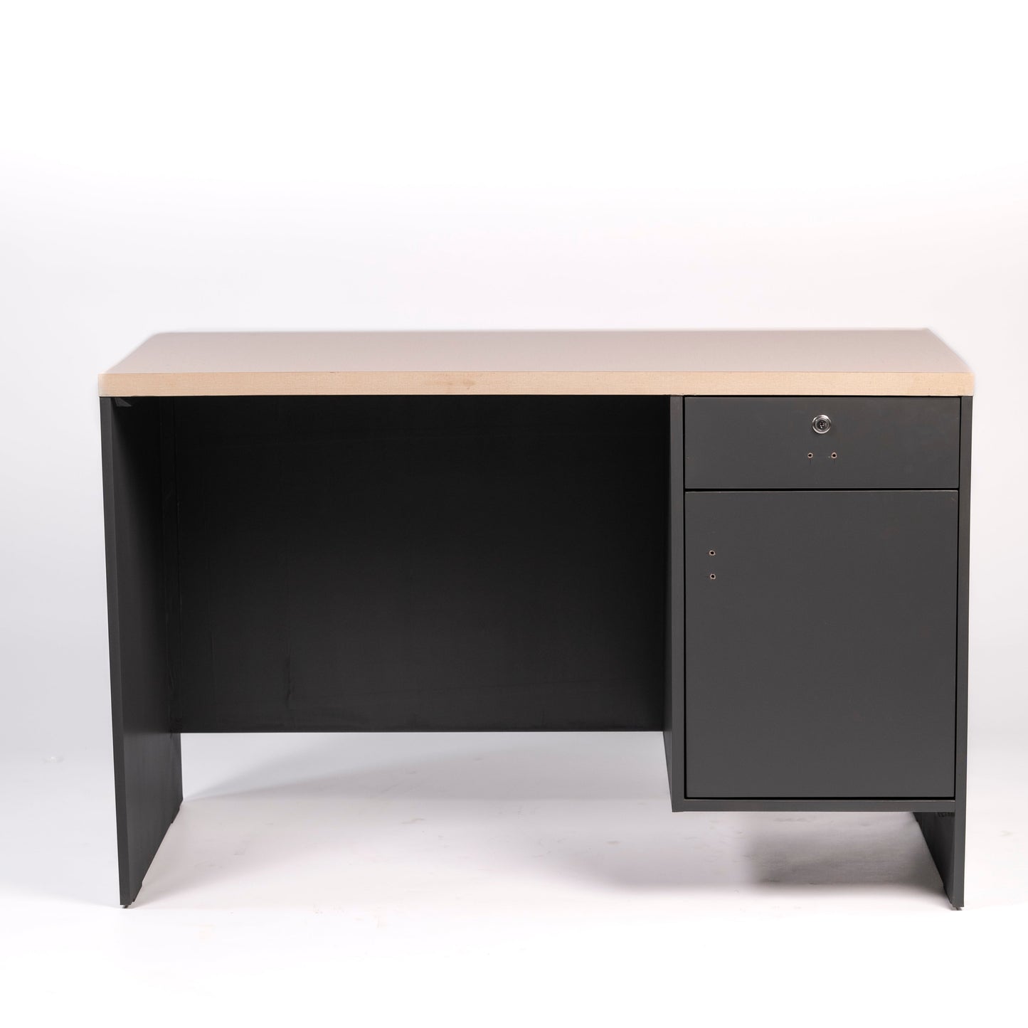 Black office desk with a beige top on a white background