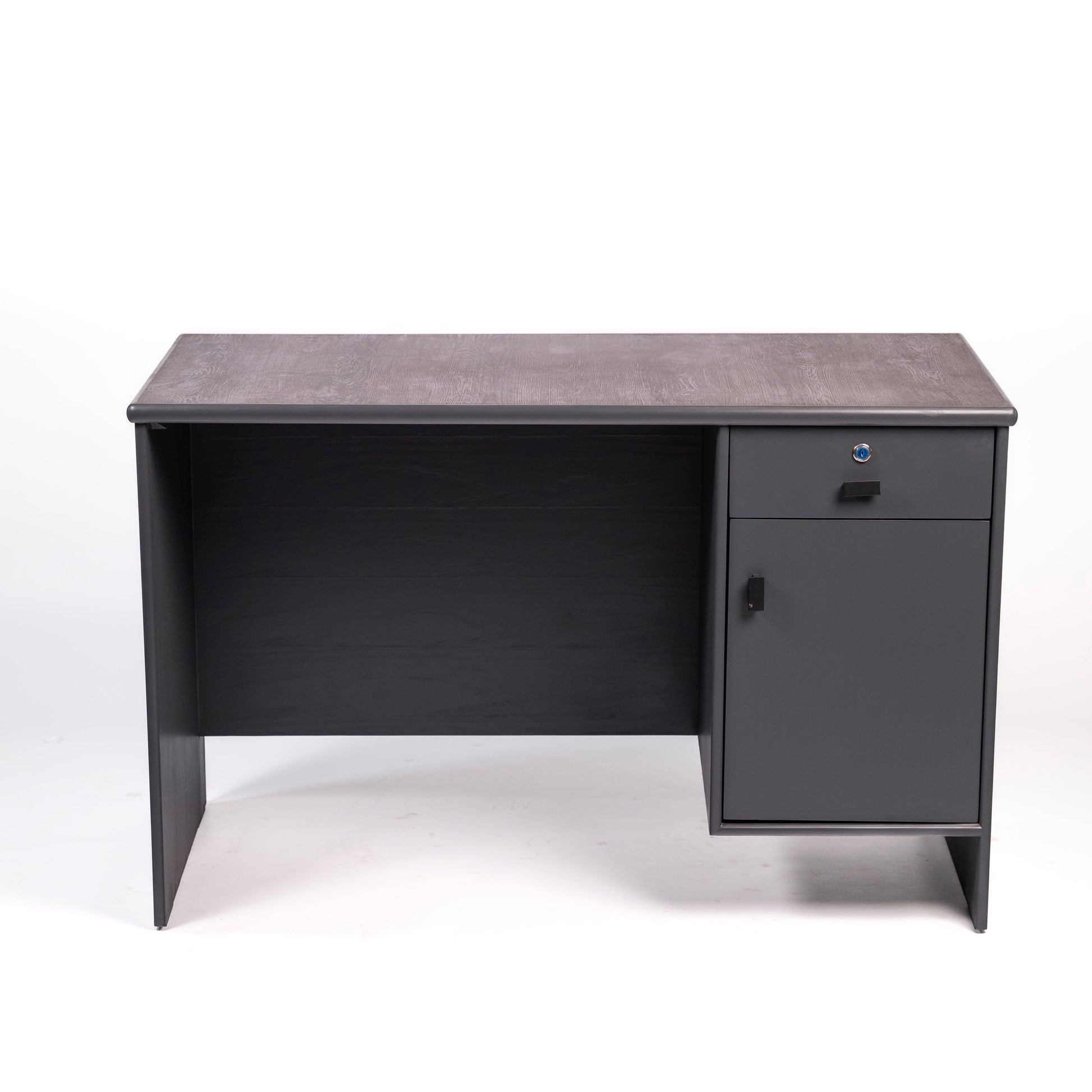 Gray office desk with a single drawer on a white background