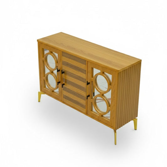 Wooden sideboard with circular design on a white background