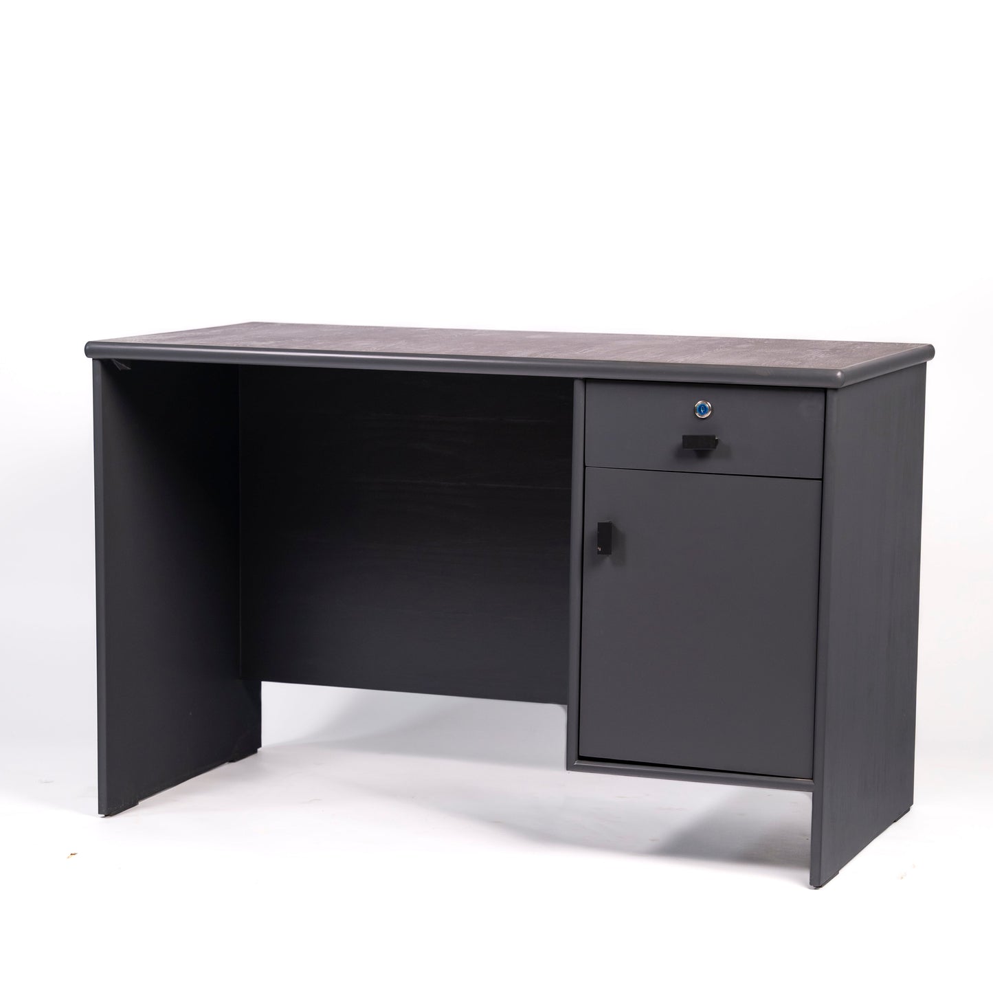 Black office desk with a drawer on a white background