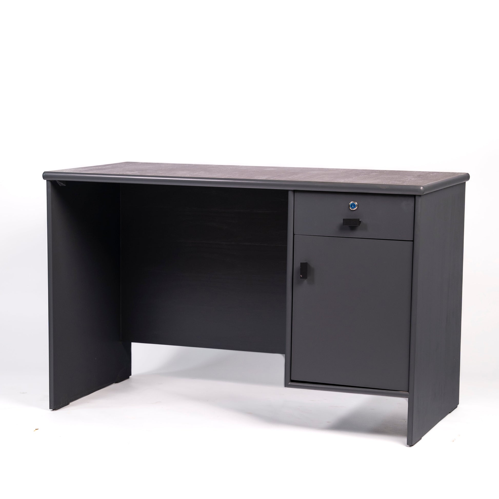 Black office desk with a drawer on a white background
