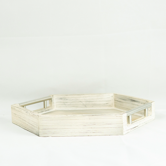 Hexagonal wooden tray on a white background
